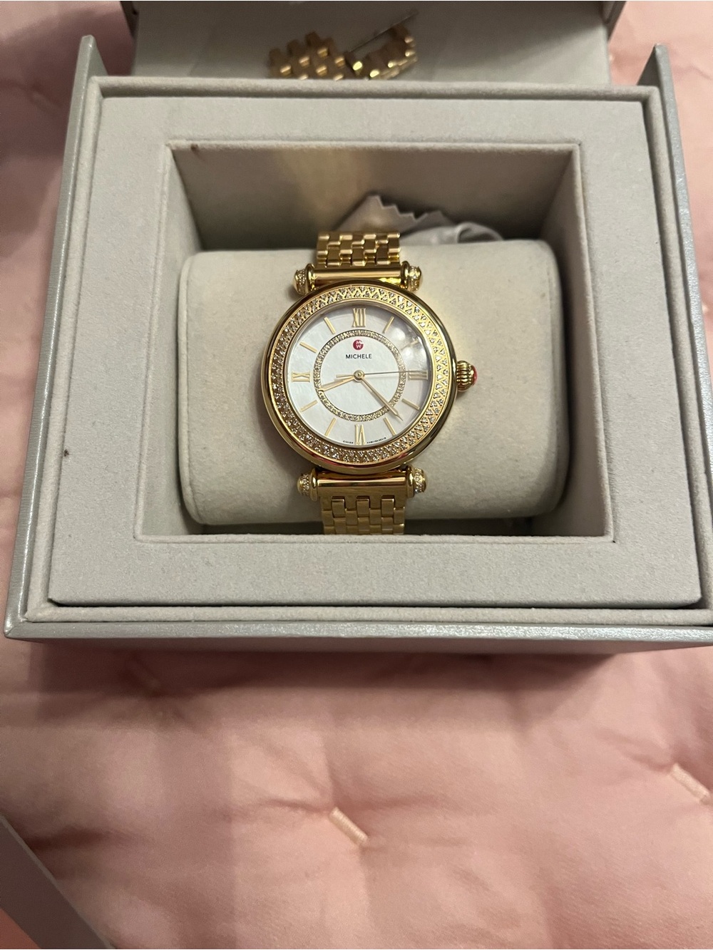 Michele Gold Bracelet Watch with  genuine Diamonds White Mother-of-Pearl Dial